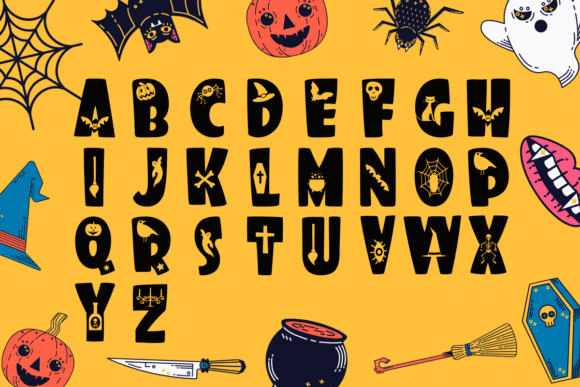 Weird Halloween Fonts: 32 Whimsical Picks for Creative Designs 17 Black uppercase alphabet letters with Halloween-themed decorations on an orange background