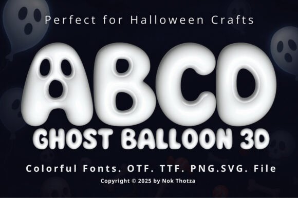 39 Quirky Halloween Fonts for Playful Spooky Designs 21 Colorful Ghost Balloon 3D font with ghost motifs for Halloween crafts.
