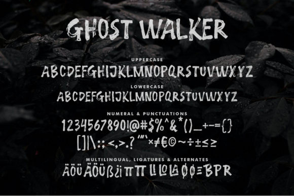 28 Halloween Fonts for Stickers & Labels That Print Clearly 12 Ghost Walker Halloween font showcasing uppercase and lowercase letters, numbers, and symbols.