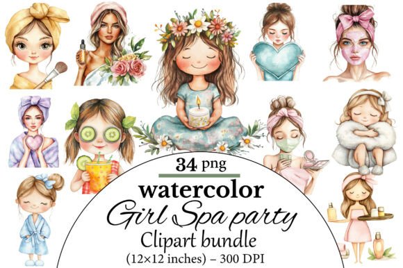 Spa Party Invite Template: 20 Beautiful Designs 16 Watercolor clipart of girls enjoying a spa party with various beauty themes and accessories.