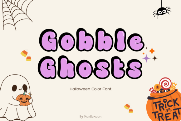 39 Quirky Halloween Fonts for Playful Spooky Designs 39 Colorful Halloween font 'Gobble Ghosts' with playful ghost and candy illustrations.