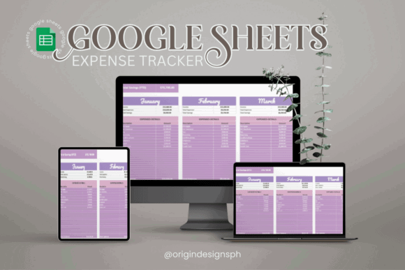 15 Best Google Sheets Templates for Etsy Sellers Success 18 Google Sheets Expense Tracker displayed on multiple devices with a plant in the — Google Sheets templates for Etsy sellers