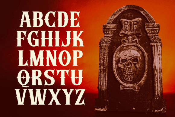 35 Best Bold Halloween Fonts with Heavy, Spooky Lettering 5 Bold Halloween font letters next to a spooky tombstone with a skull and RIP inscription. โ bold Halloween fonts