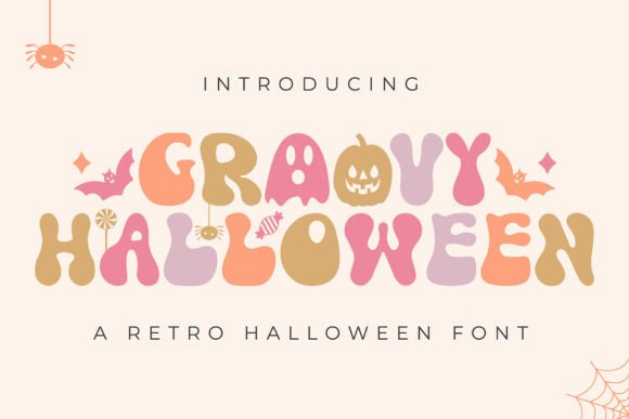 25 Cute Halloween Bubble Fonts for Playful Designs 9 Groovy Halloween font featuring playful, rounded letters in pastel colors with Halloween-themed decorations.