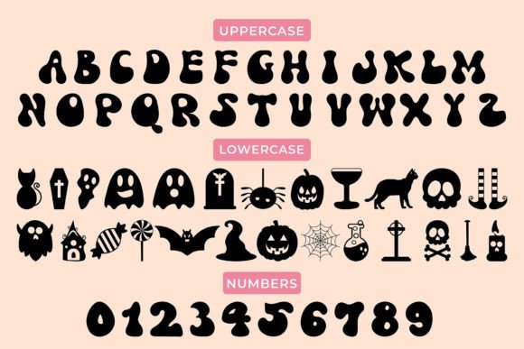 25 Cute Halloween Bubble Fonts for Playful Designs 10 Playful Halloween bubble font featuring uppercase and lowercase letters, numbers, and spooky icons.