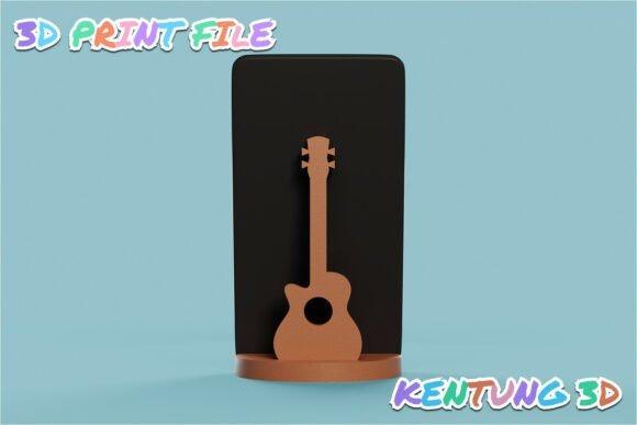 Guitar Phone Holder Stand — 3D printed gift 3D printed gift guitar-shaped phone holder stand in wood tone on blue background