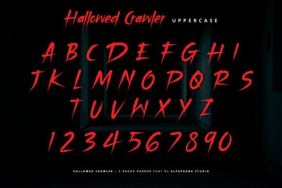 24 Halloween ABC Fonts for Spooky Alphabet Designs 45 Hallowed Crawler font showcasing uppercase letters and numbers in a spooky style. โ Halloween ABC fonts