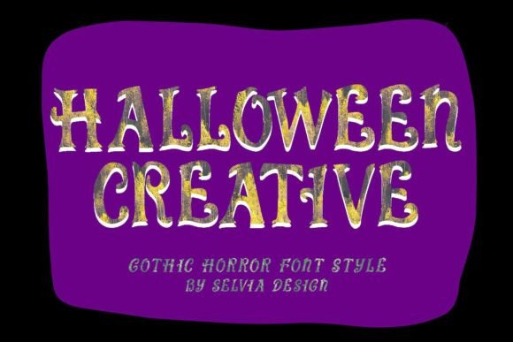 Halloween Bubble Letter Fonts: 27 Cute Spooky Picks 47 Stylized text reading 'HALLOWEEN CREATIVE' in a gothic horror font on a purple background.