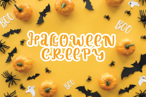 44 Spooky Halloween Alphabet Fonts for Posters and Crafts 51 Spooky Halloween lettering with pumpkins and bats on a yellow background.