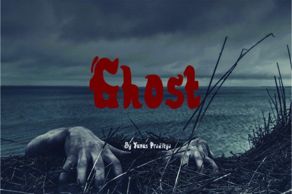 25 Cute Halloween Bubble Fonts for Playful Designs 28 A ghostly hand reaching out from the ground with the word 'Ghost' in a spooky font.