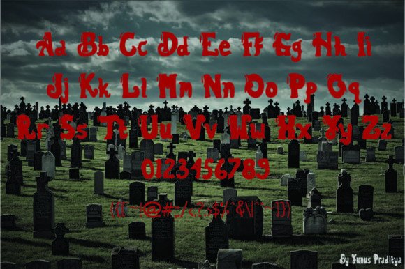 49 Thick Halloween Fonts for Bold Posters and T-Shirts 26 Chunky Halloween font displayed over a graveyard background.
