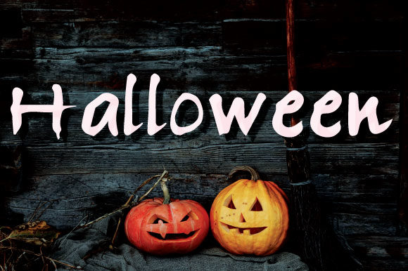 Halloween Bubble Letter Fonts: 27 Cute Spooky Picks 10 Playful Halloween bubble letters spelling 'Halloween' with carved pumpkins and a broomstick.