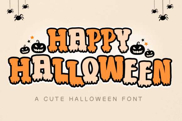 Halloween Bubble Letter Fonts: 27 Cute Spooky Picks 39 Cute Halloween font displaying 'Happy Halloween' with pumpkins and spider decorations.