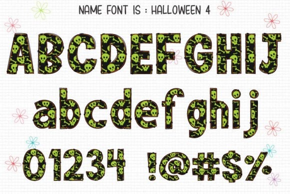 24 Halloween ABC Fonts for Spooky Alphabet Designs 20 Halloween ABC fonts featuring skulls and green patterns.