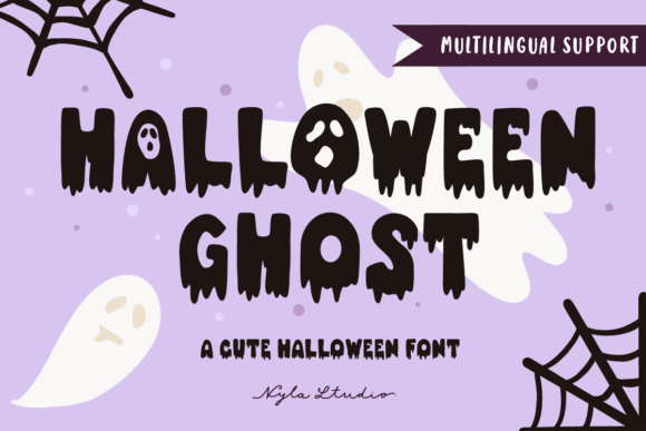 Halloween Bubble Letter Fonts: 27 Cute Spooky Picks 19 Halloween Ghost bubble letter font with ghost illustrations on a purple background.