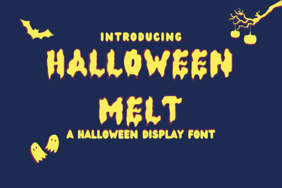 49 Thick Halloween Fonts for Bold Posters and T-Shirts 3 Halloween Melt font in yellow with a dripping effect on a blue background.