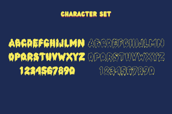 49 Thick Halloween Fonts for Bold Posters and T-Shirts 4 Character set featuring thick, spooky Halloween fonts in yellow and black.