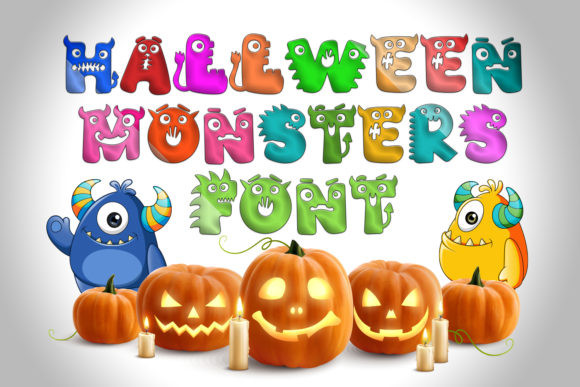 Halloween Bubble Fonts: 36 Playful Picks for Spooky Crafts 11 Colorful Halloween Monsters font with pumpkins and cartoon monsters.