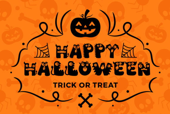 25 Cute Halloween Bubble Fonts for Playful Designs 4 Playful Halloween lettering with a pumpkin and spiderwebs on an orange background.