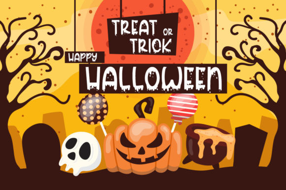35 Creepy Alphabet Fonts for Bold Halloween Projects 5 Colorful Halloween graphic with a pumpkin, candy, and a skull against a sunset background.