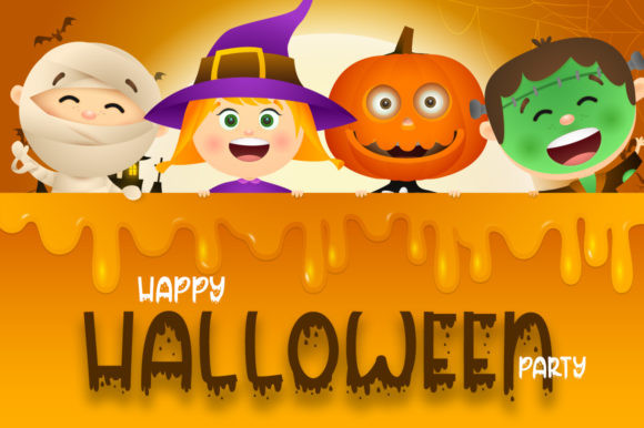 Unusual Halloween Fonts: 35 Creative Picks for Standout Designs 12 Colorful Halloween party scene with children dressed as a mummy, witch, and monster, alongside a smiling pumpkin.