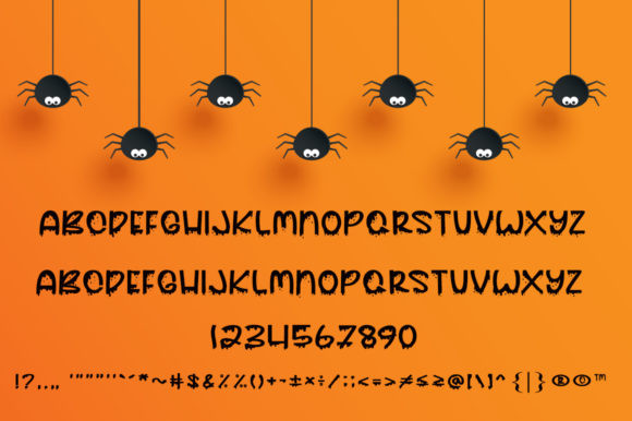 44 Spooky Halloween Alphabet Fonts for Posters and Crafts 8 Spooky Halloween alphabet font with hanging spiders on an orange background.