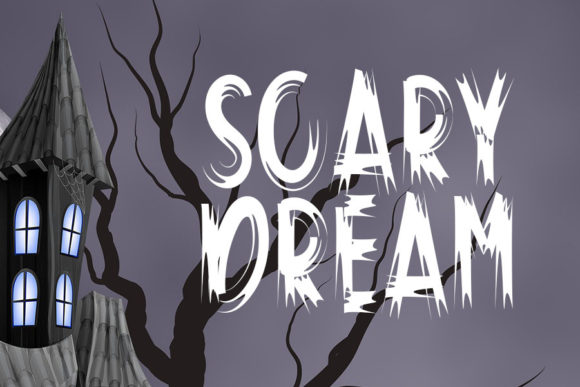 49 Thick Halloween Fonts for Bold Posters and T-Shirts 38 Spooky Halloween font displaying the words 'Scary Dream' against a dark background with a haunted house.