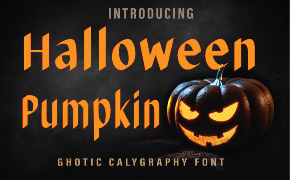49 Thick Halloween Fonts for Bold Posters and T-Shirts 39 Halloween Pumpkin font displayed with a carved pumpkin