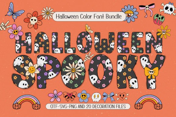 Spooky Font Alphabet: 33 Best Halloween Styles for 2026 37 Colorful Halloween Spooky font with floral and skull decorations on an orange background.