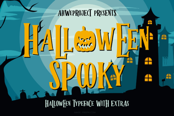 Unusual Halloween Fonts: 35 Creative Picks for Standout Designs 44 Halloween Spooky font displayed with a pumpkin and haunted house background.