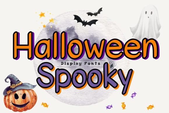 39 Quirky Halloween Fonts for Playful Spooky Designs 4 Colorful Halloween-themed display fonts with a pumpkin, ghost, and bats.