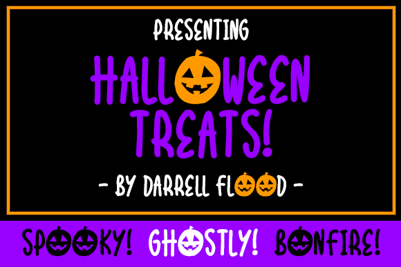 39 Quirky Halloween Fonts for Playful Spooky Designs 14 Colorful Halloween-themed text with pumpkins and playful fonts announcing Halloween Treats.
