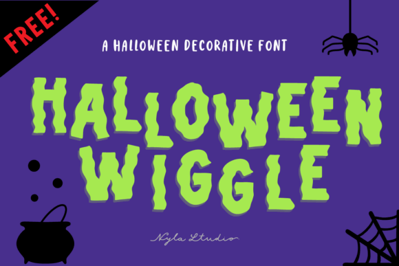 39 Quirky Halloween Fonts for Playful Spooky Designs 13 Halloween Wiggle decorative font in green on purple background with spider and cauldron graphics.