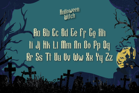 28 Halloween Fonts for Stickers & Labels That Print Clearly 43 Halloween Witch font showcasing uppercase and lowercase letters on a spooky background.