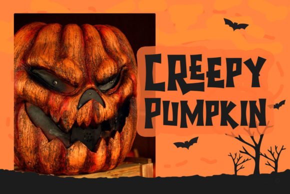 Unusual Halloween Fonts: 35 Creative Picks for Standout Designs 11 A creepy pumpkin with a menacing expression against an orange Halloween background.
