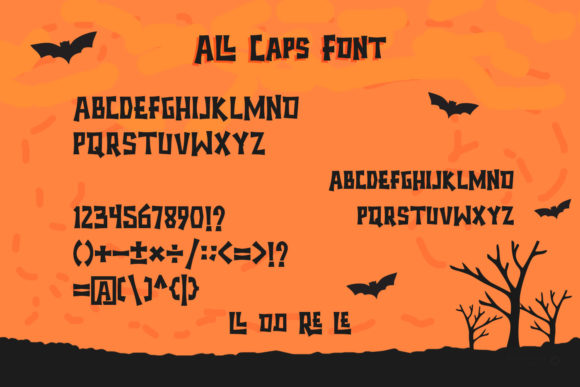 44 Spooky Halloween Alphabet Fonts for Posters and Crafts 3 Spooky Halloween alphabet font displayed on an orange background with bats and a tree silhouette.