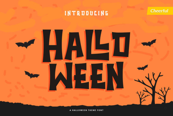 44 Spooky Halloween Alphabet Fonts for Posters and Crafts 2 Cheerful Halloween font design featuring the word 'Hallowe'en' with bats and a spooky background.