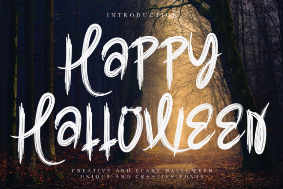 45 Chunky Halloween Fonts for Cricut and Canva Projects 34 Stylized text saying 'Happy Halloween' in a spooky font against a dark forest background.