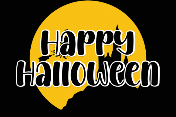 Weird Halloween Fonts: 32 Whimsical Picks for Creative Designs 23 Happy Halloween text with a yellow moon and spooky castle silhouette.