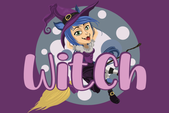 Weird Halloween Fonts: 32 Whimsical Picks for Creative Designs 24 Cartoon witch with blue hair flying on a broomstick behind the word 'Witch' in playful purple letters