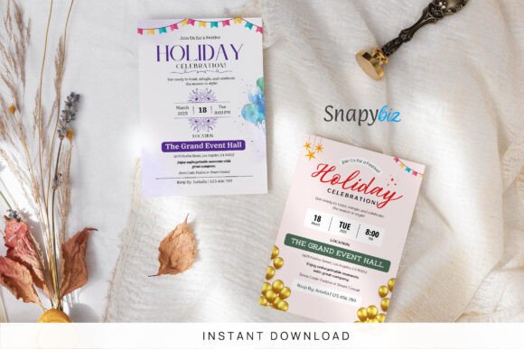 Christmas Party Invitation Templates: 35 Festive Picks 27 Two holiday party invitation templates displayed on a textured surface with decorative elements.