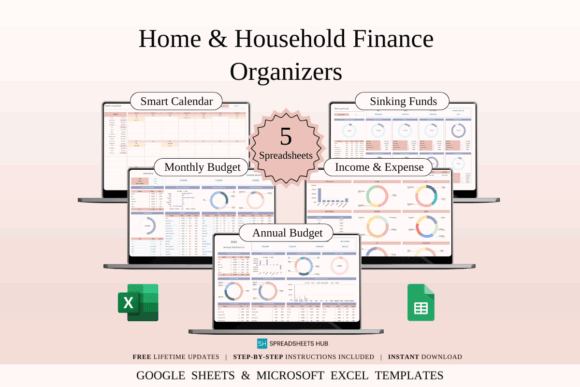15 Best Google Sheets Bundles & Templates for Business 7 Home and Household Finance Organizers showcasing five Google Sheets templates for budgeting and — Google Sheets bundles