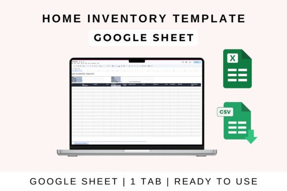 12 Best Google Sheets Templates for Product Inventory 8 Home Inventory Template for Google Sheets with a laptop displaying the — Google Sheets product inventory templates