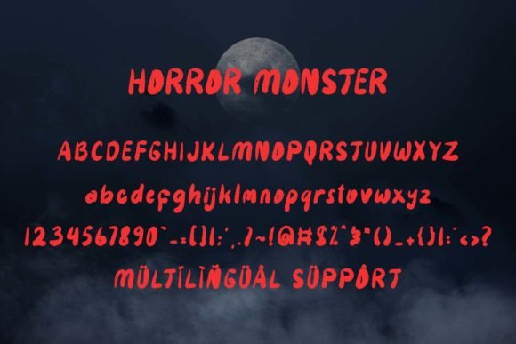 44 Spooky Halloween Alphabet Fonts for Posters and Crafts 54 Horror Monster font displayed against a dark, moonlit background.