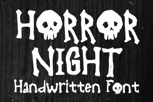28 Halloween Fonts for T-Shirt Designs & POD 30 Horror Night handwritten font featuring skulls and spooky lettering.