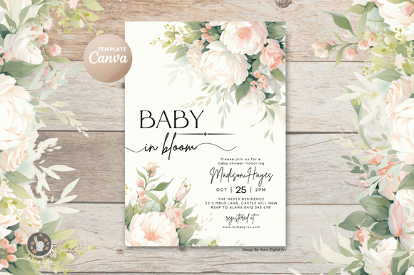 Garden Party Invite Template: 28 Beautiful Floral Designs 18 Floral garden party invitation template featuring soft pink and green flowers.