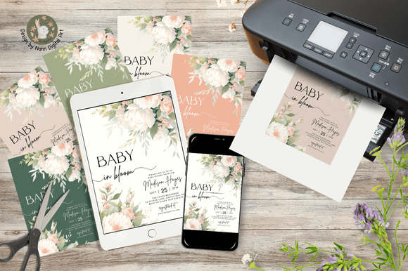 Garden Party Invite Template: 28 Beautiful Floral Designs 19 Floral garden party invitation templates displayed on devices and printer.