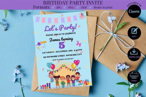 40 Editable Birthday Party Invite Template Ideas for Every 10 Editable birthday party invite template for a 5th birthday celebration with colorful balloons and children.