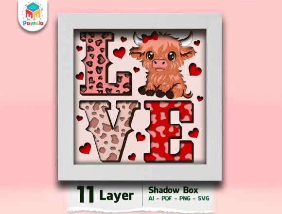 30 Best Layered Highland Cow Laser Cut Files for Decor 16 Layered Highland Cow Shadow Box with LOVE lettering and hearts โ Layered Highland Cow Laser Cut Files