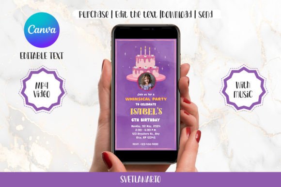 35 Party Invite Template Designs for Every Celebration 14 Editable lilac birthday party invite template on a smartphone screen.